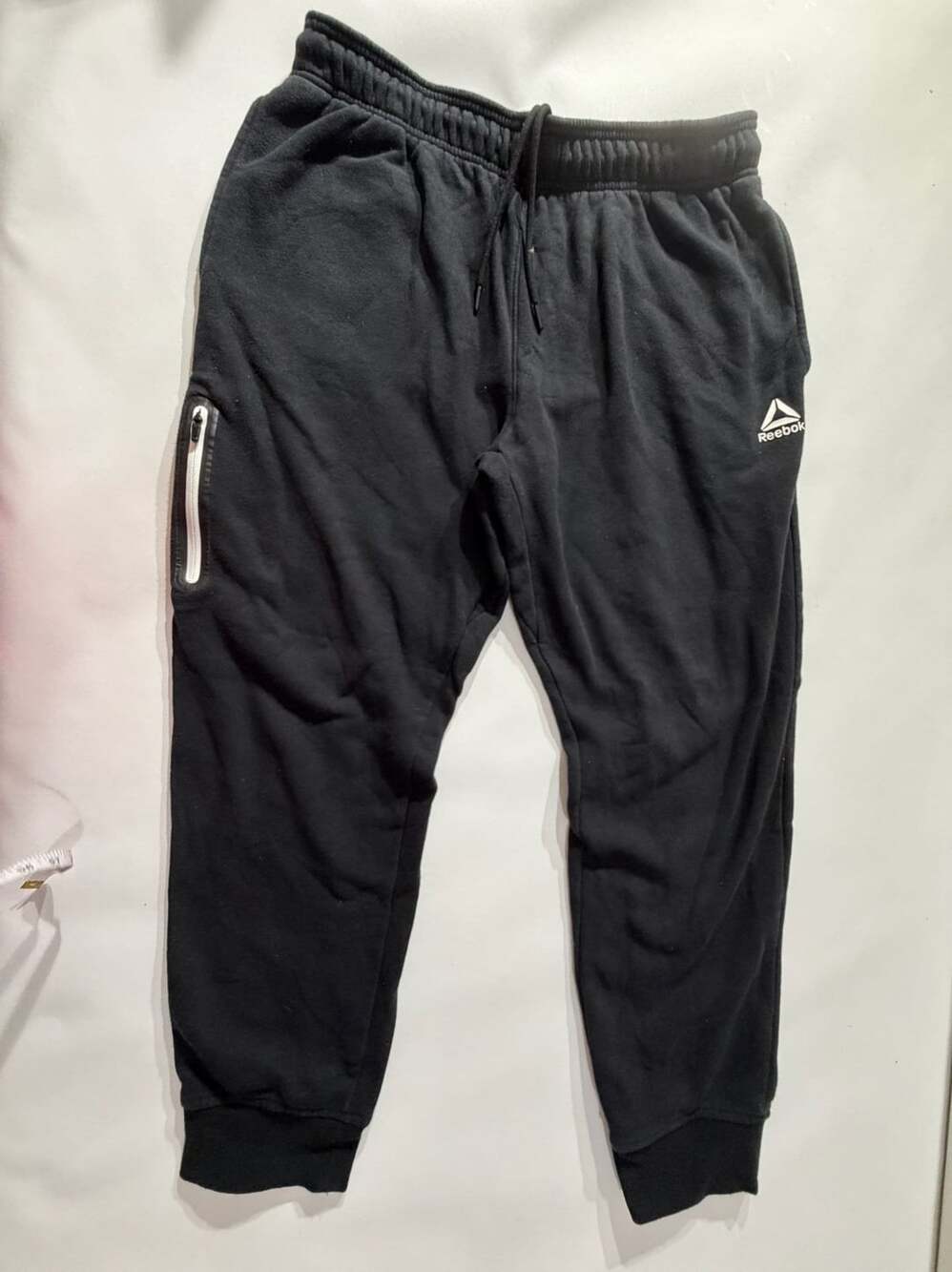 Reebok L Black Fleece Jogger Sweatpants Zip Pocket Logo Athleisure